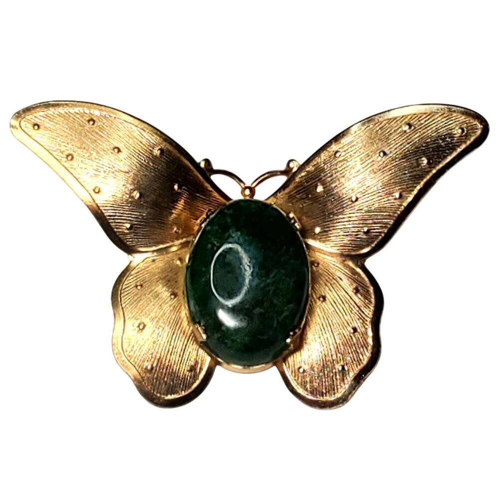 Vtg Green Agate Butterfly Insect Gold Tone Wings Brooch Pin 1.5" Stone Body